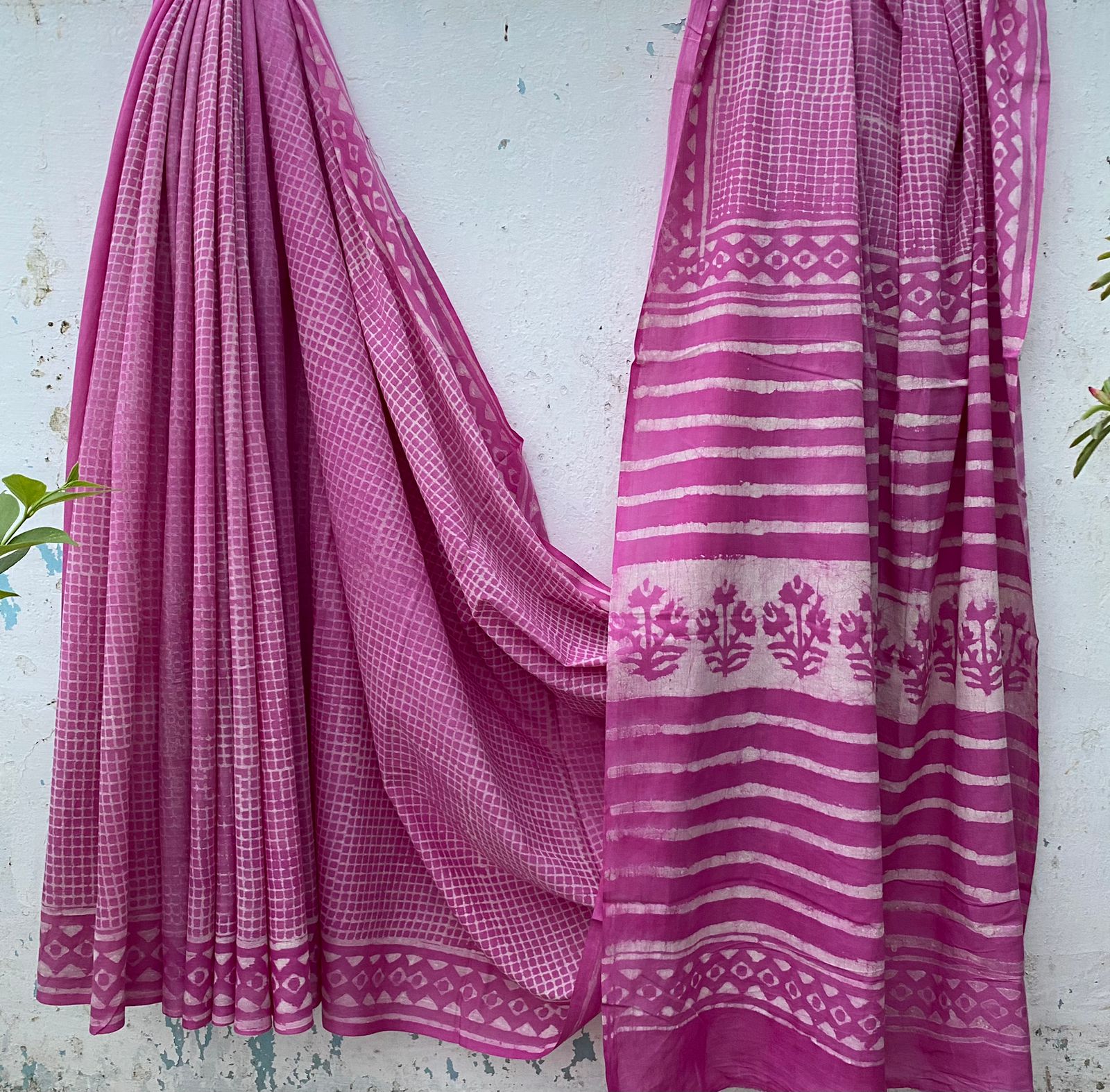 Hand block print soft cotton saree with blouse